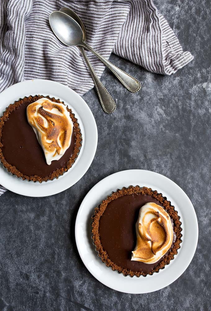 Smores Tart for Two: homemade grahams, homemade marshmallow fluff, and the easiest chocolate pie filling.