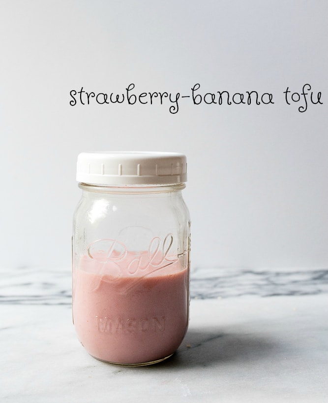 Strawberry banana tofu smoothie for kids.