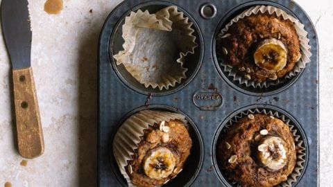 Vegan Banana Muffins (small batch) made with flax seed, coconut oil, and coconut sugar. Best healthy breakfast idea, or healthy after school snacks for kids.