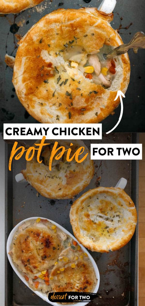 Creamy chicken pot pie for two. Made in a mug and topped with puff pastry! So good and cozy! #chickenpotpie #cookingfortwo #fortwo #chickensoup #chicken #puffpastry #mug