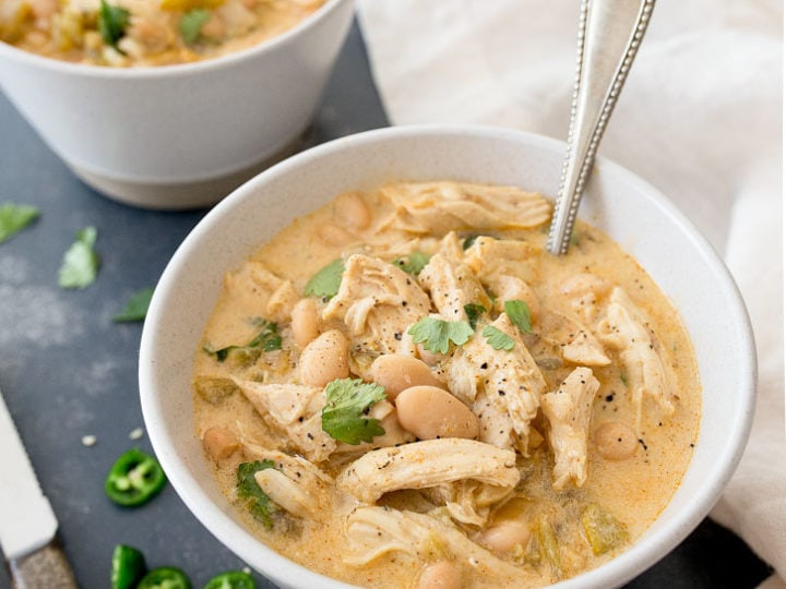 White Chicken Chili with Cream Cheese - Serving Dumplings