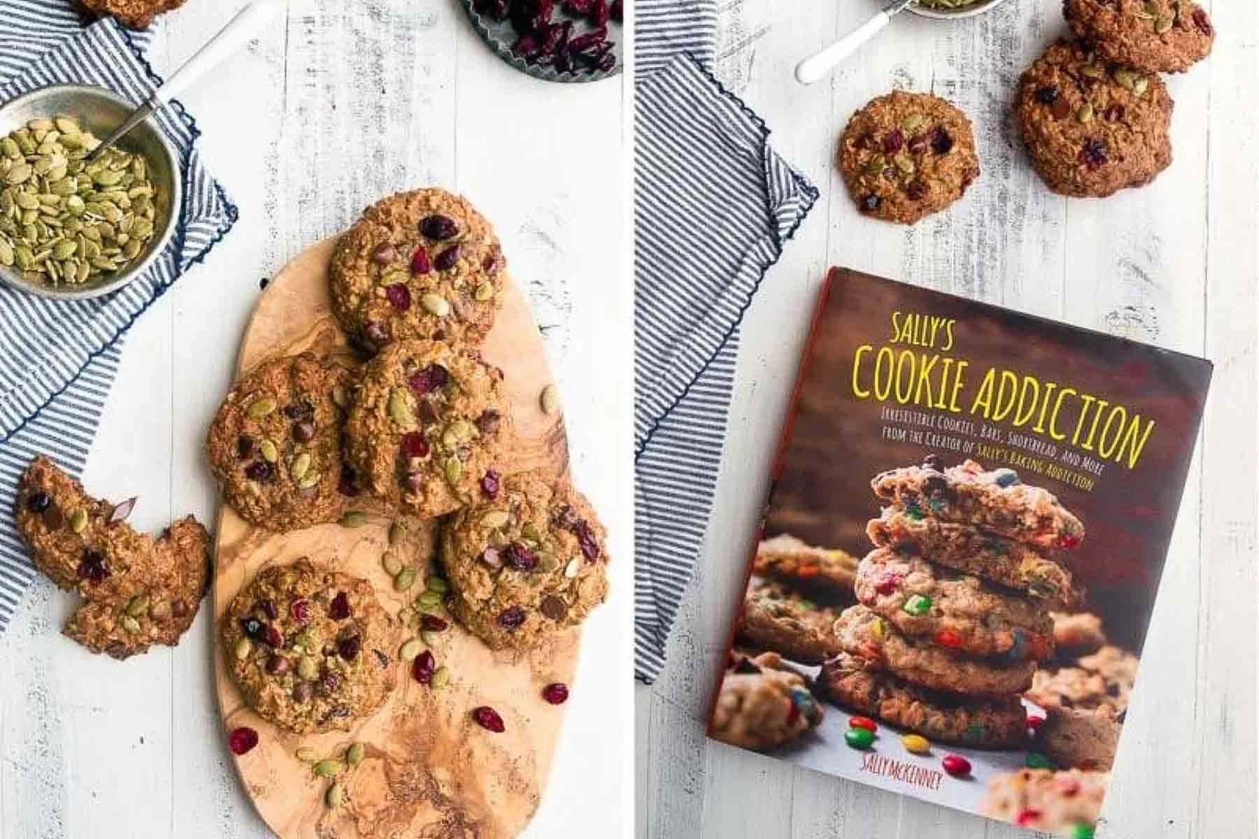 Collage photo of cookbook on right and baked dessert on left.