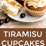 Tiramisu Cupcakes for Two, small batch style. Recipe makes 4 cupcakes. Vanilla cupcakes with espresso-Kahlua soak and mascarpone frosting.
