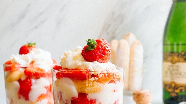 Strawberry Champagne Trifles for two are perfect New Year's Eve dessert idea. Easy no bake New Year's Eve dessert or Valentine's Day dessert for two.