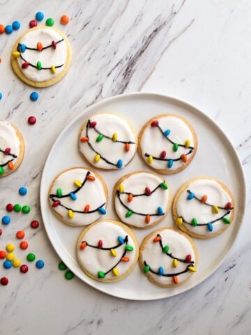 Christmas Lights Cookies for Santa! A small batch sugar cookie recipe with easy royal icing and M&Ms.