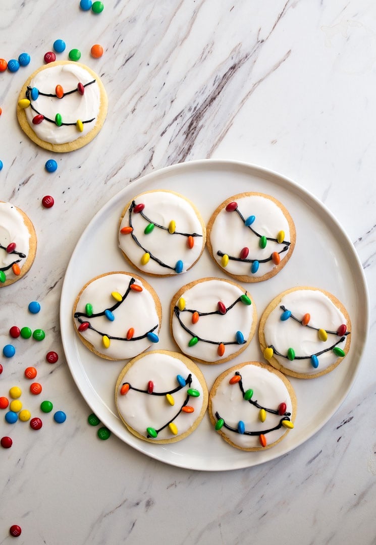Christmas Lights Cookies for Santa! A small batch sugar cookie recipe with easy royal icing and M&Ms.