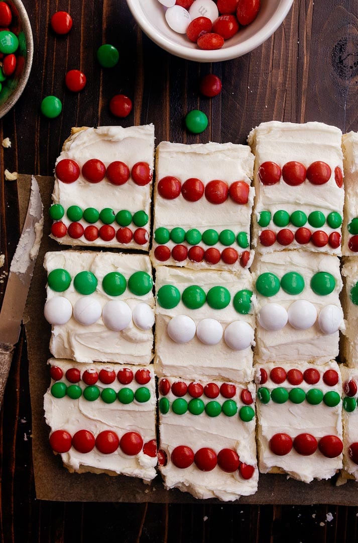 Christmas Sugar Cookie Bars: a small batch of frosted sugar cookie bars with Christmas candy to decorate. Cookies for Santa!
