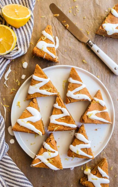 Gingerbread Blondies with Lemon Glaze cut into triangles to make Christmas trees.