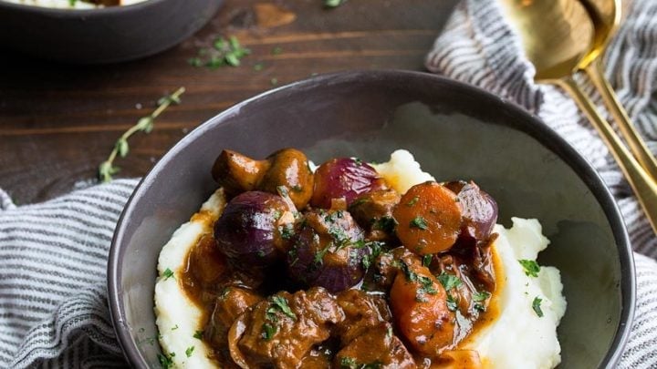 Beef Bourguignon Recipe for Two people. Romantic dinner for two for Valentine's Day. Make ahead romantic dinners. Julia Child's Beef Bourguignon for Two.