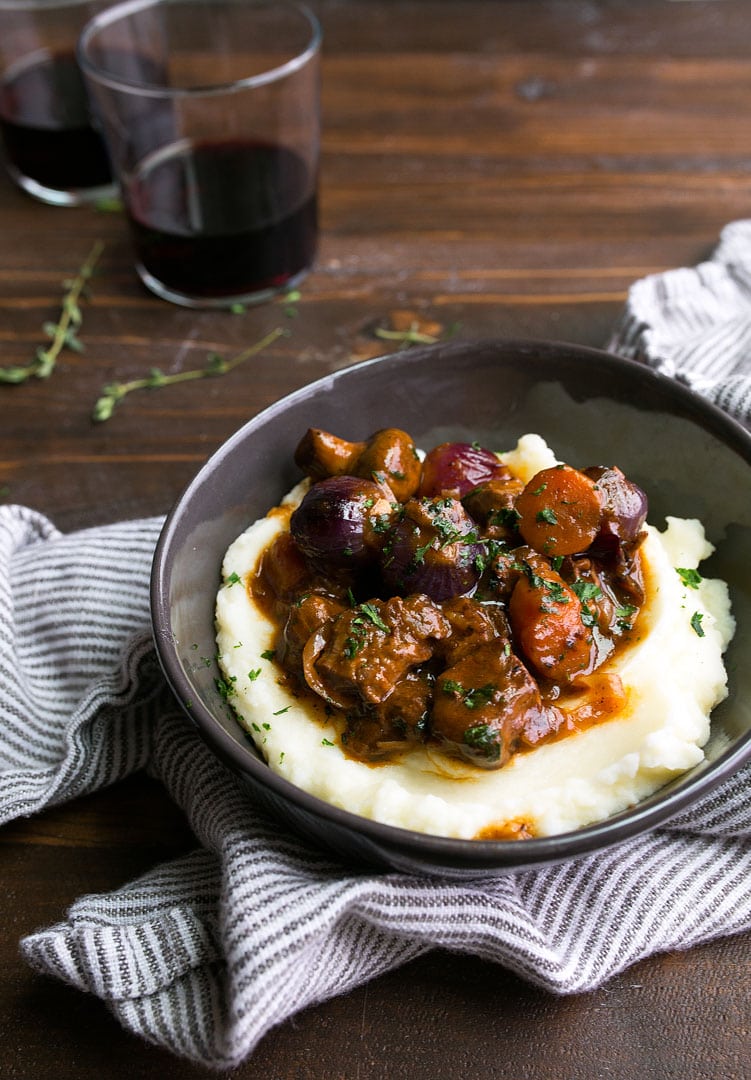 Beef Bourguignon Recipe for Two people in black bowl on table