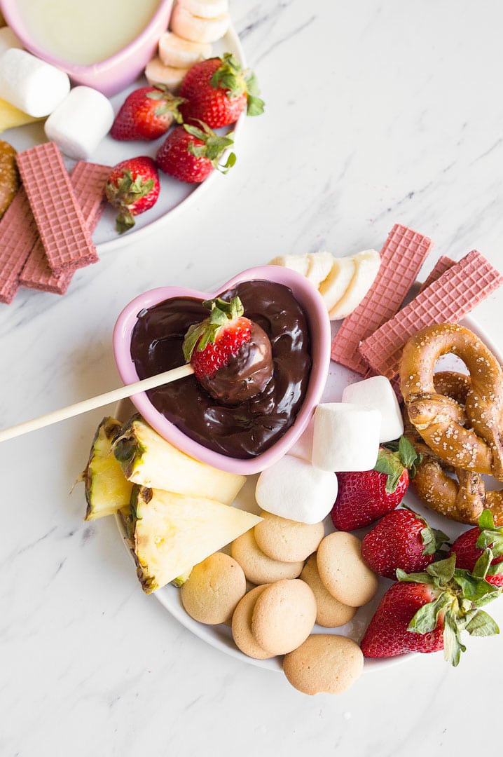 Easy Chocolate Fondue for Two. Perfect chocolate fondue made with just two ingredients. Perfect Valentine's Day dessert for two. Valentines Day chocolate desserts for two.
