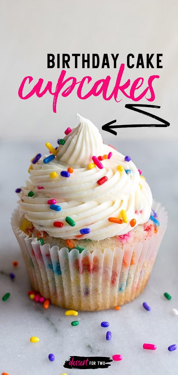 Birthday cupcakes with sprinkles--a small batch cupcake recipe for birthday cupcakes for celebrating a kids birthday party, or gifting a friend or coworker on their special day! This recipe for 4 cupcakes will come in handy! #cupcakes #cupcake #funfetti #sprinkles #birthdaycupcakes #smallbatch #smallcupcakes