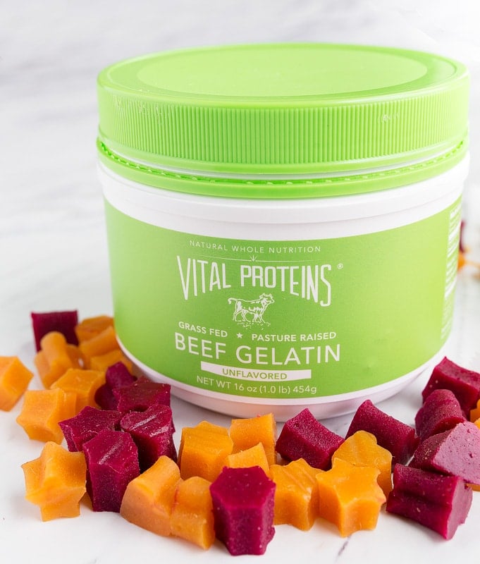 Healthy homemade fruit snacks with vegetables! Grass fed gelatin, pureed fruit and veggies are a lunch box treat or healthy snack for kids.