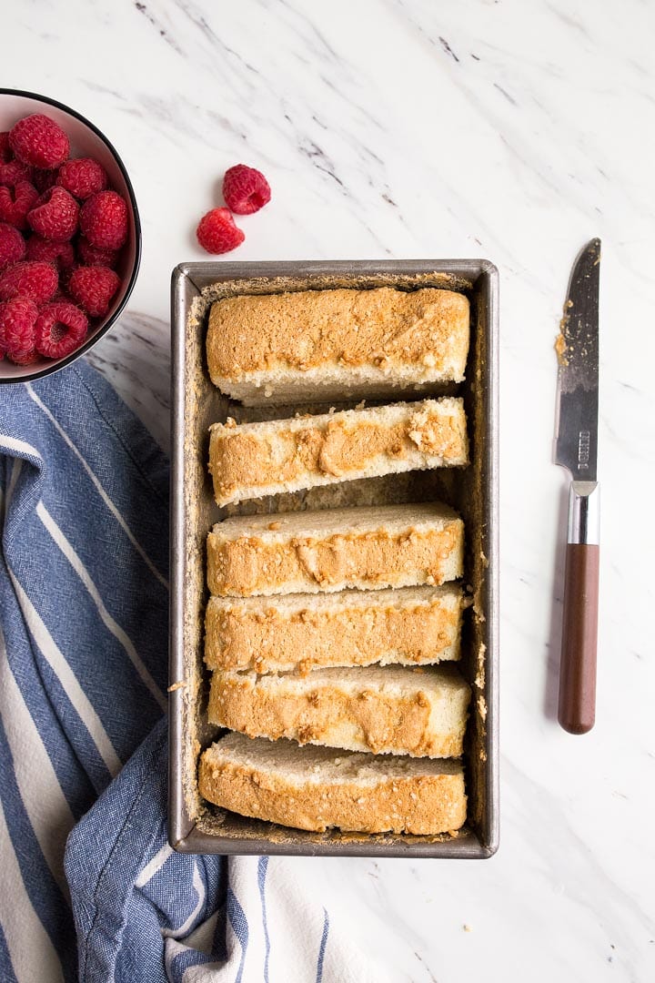 Mini Angel Food Cake in a Loaf Pan. Small angel food cake for one or two people made in a bread loaf pan that makes 8 slices.