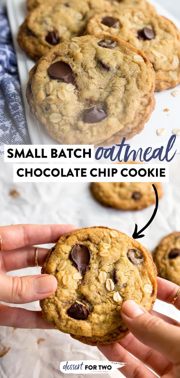 Small batch oatmeal chocolate chip cookies--the perfect recipe for a half dozen of the softest and best small batch chewy oatmeal cookies around! #oatmeal #oatmealcookies #chocolatechipoatmealcookies #smallbatch #smallbatchcookies #halfbatch #halfdozen #chewyoatmealcookies #oats
