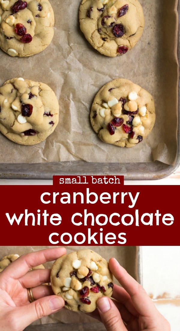 Cranberry white chocolate chip cookies recipe! This white chocolate cranberry cookie recipe makes perfectly fluffy, chewy and soft cookies with crisp edges! #whitechocolate #cookies #cranberry #cranberrydesserts #driedcranberries #whitechocolatechip #cranberrywhitechocolate #whitechocolatecranberry #smallbatch #smallrecipe #smallbatchcookies #chewycookies 