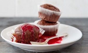 Mini Chocolate Poundcakes + Raspberry Sauce