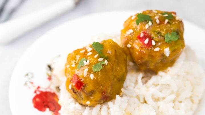 Baby Food: Mango Chicken Meatballs + Coconut Sticky Rice