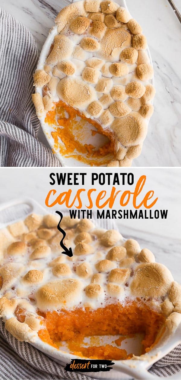 Sweet potato casserole with marshmallows. Southern style sweet potato casserole for two with marshmallows and no nuts on top! So good! #thanksgiving #thanksgivingsidedish #sidedish #sweetpotato #casserole #smallbatch
