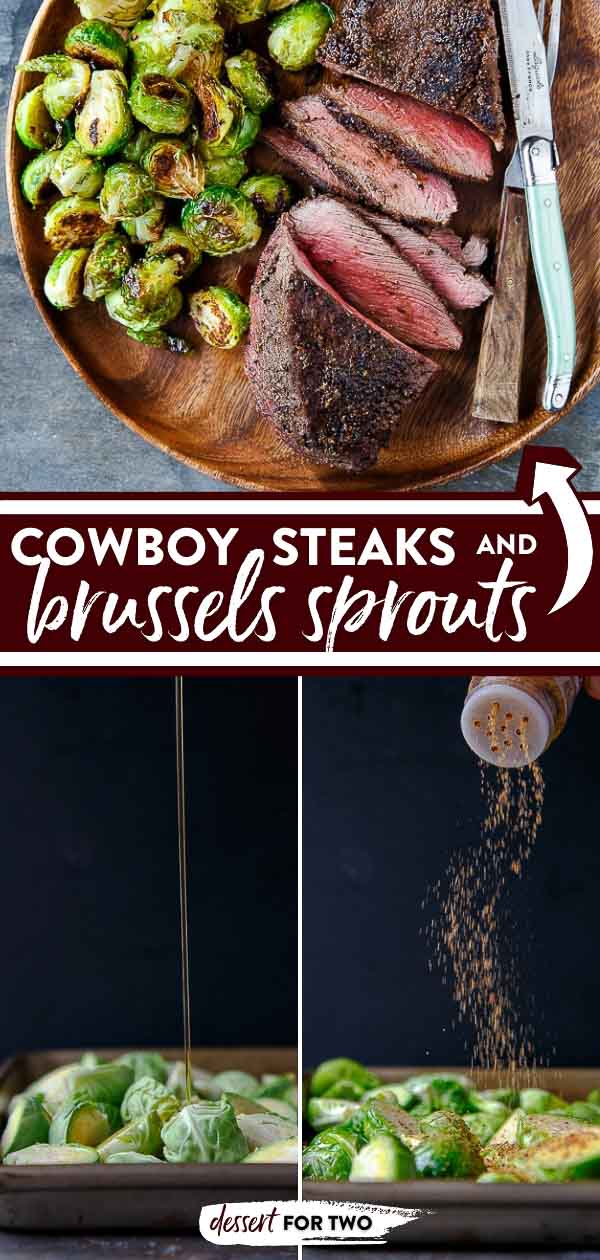 Cowboy steaks with Brussels sprouts on wooden plate.