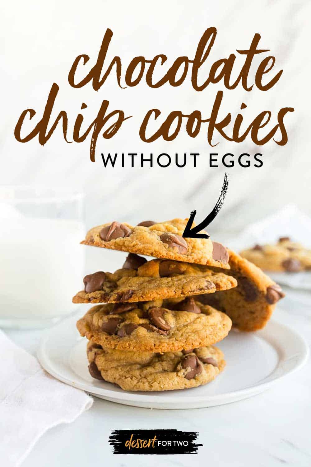 Chocolate chip cookies without eggs. Small batch chocolate chip cookie recipe makes just 8 cookies. Uses cream cheese instead of eggs for chewy, fluffy cookies! #eggless #noeggs #withouteggs #chocolatechipcookieswithouteggs #chocolatechipcookies #cookieswithouteggs #eggfree #smallbatchchocolatechipcookies #cookingfortwo