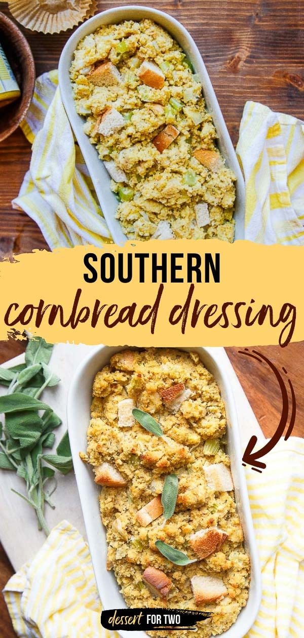 Southern cornbread dressing. This is the only dressing recipe you need! Made with crumbled cornbread, white bread cubes, and plenty of spices! It's based on a Southern Living recipe! #cornbread #cornbreaddressing #thanksgiving #thanksgivingside #sidedish #thanksgivingsidedish #southern