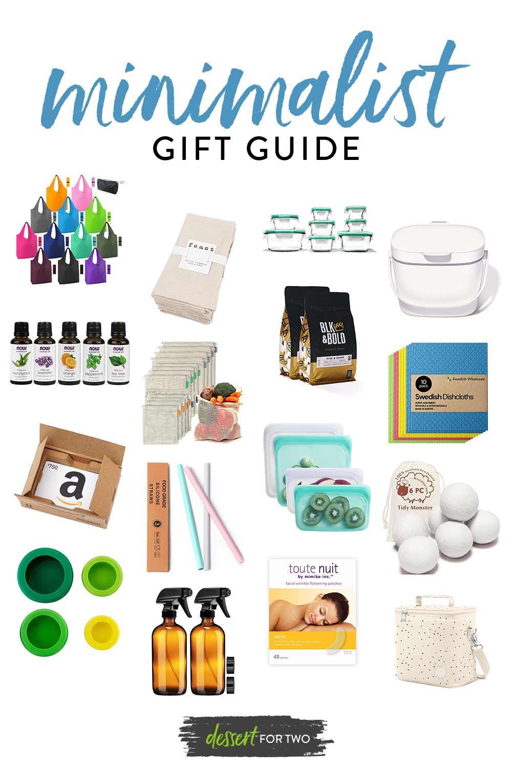 Minimalist gift guide white graphic with images of presents.