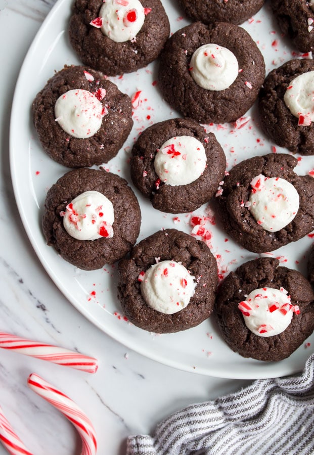 chocolate thumbprints with marshmallows and candy canes