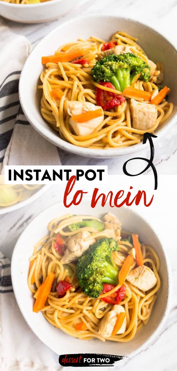 instant pot chicken lo mein with vegetables in bowls.