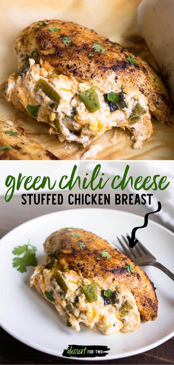 Cheese stuffed chicken breast with Hatch green chiles, cheddar cheese and cream cheese is so flavorful with such few ingredients! This easy baked stuffed chicken breast is a great dinner for two! #stuffedchicken #stuffedchickenbreast #bakedstuffedchickenbreast #cheesestuffedchickenbreast #chickenrecipes #chickendinner #dinnerideas #easydinners