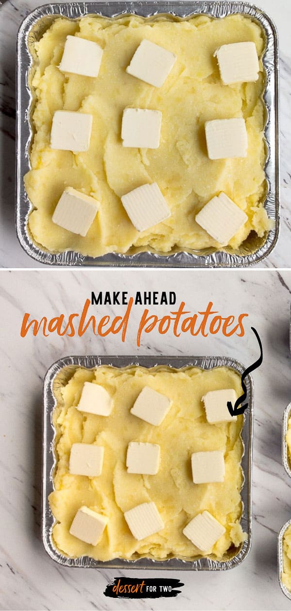 mashed potatoes in square dish with pats of butter on top.