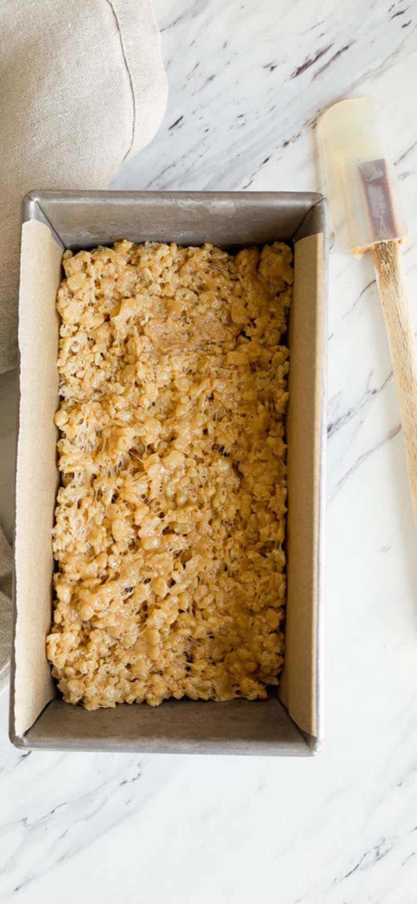 a bread load pan of peanut butter Rice Krispie treats