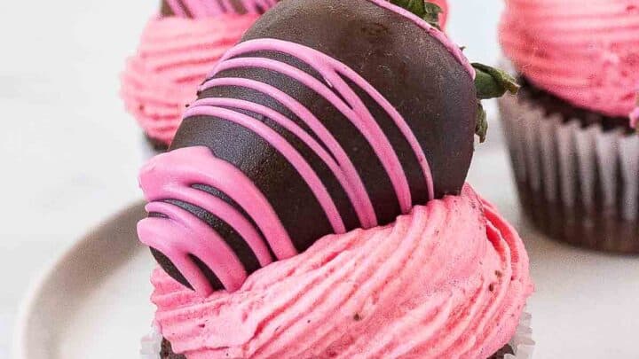 close up of strawberry chocolate cupcake
