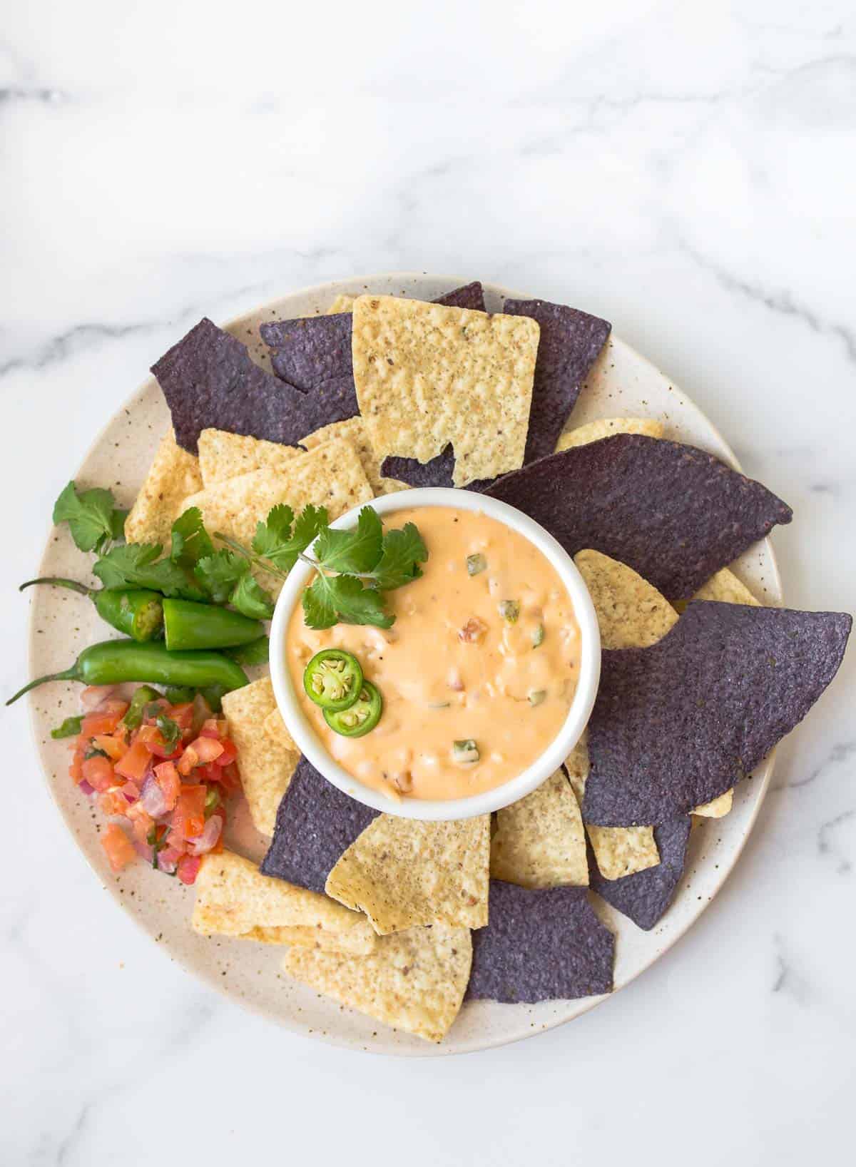 Bowl of queso with multi color tortilla chips surrounding it on plate.