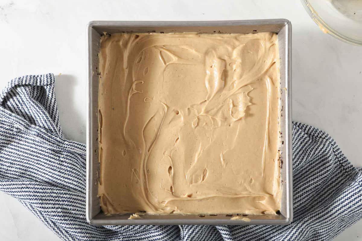 Peanut butter pudding layered in a pan.