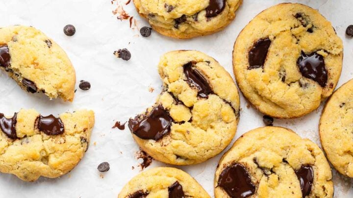 Chocolate chip cookies without brown sugar on a white table.