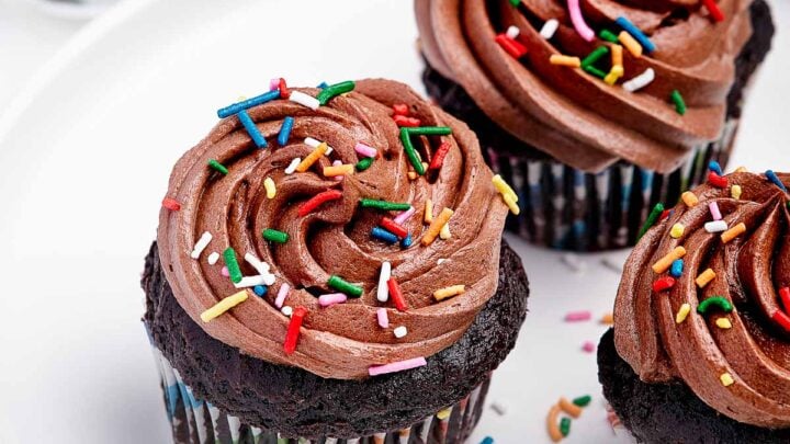 Plate of cupcakes with chocolate frosting and sprinkles.