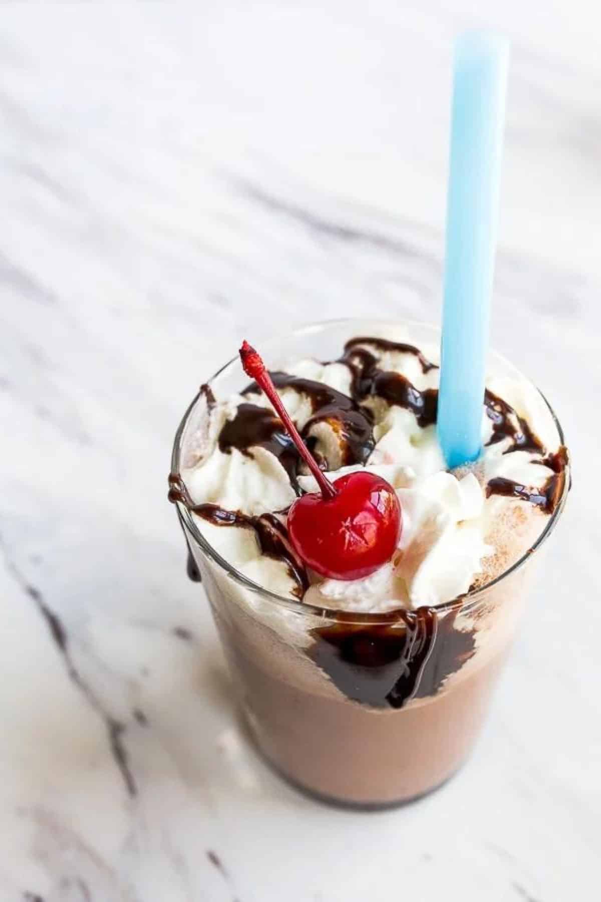 Close up shot of chocolate milkshake with hot fudge, whipped cream and a cherry.