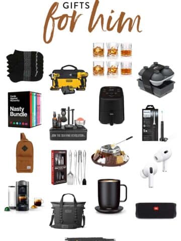 White image with small photos of gifts for guys, like air fryer, whiskey glasses and coffee machine.