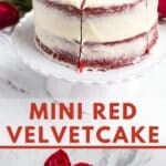 Mini red velvet cake pin with red text.