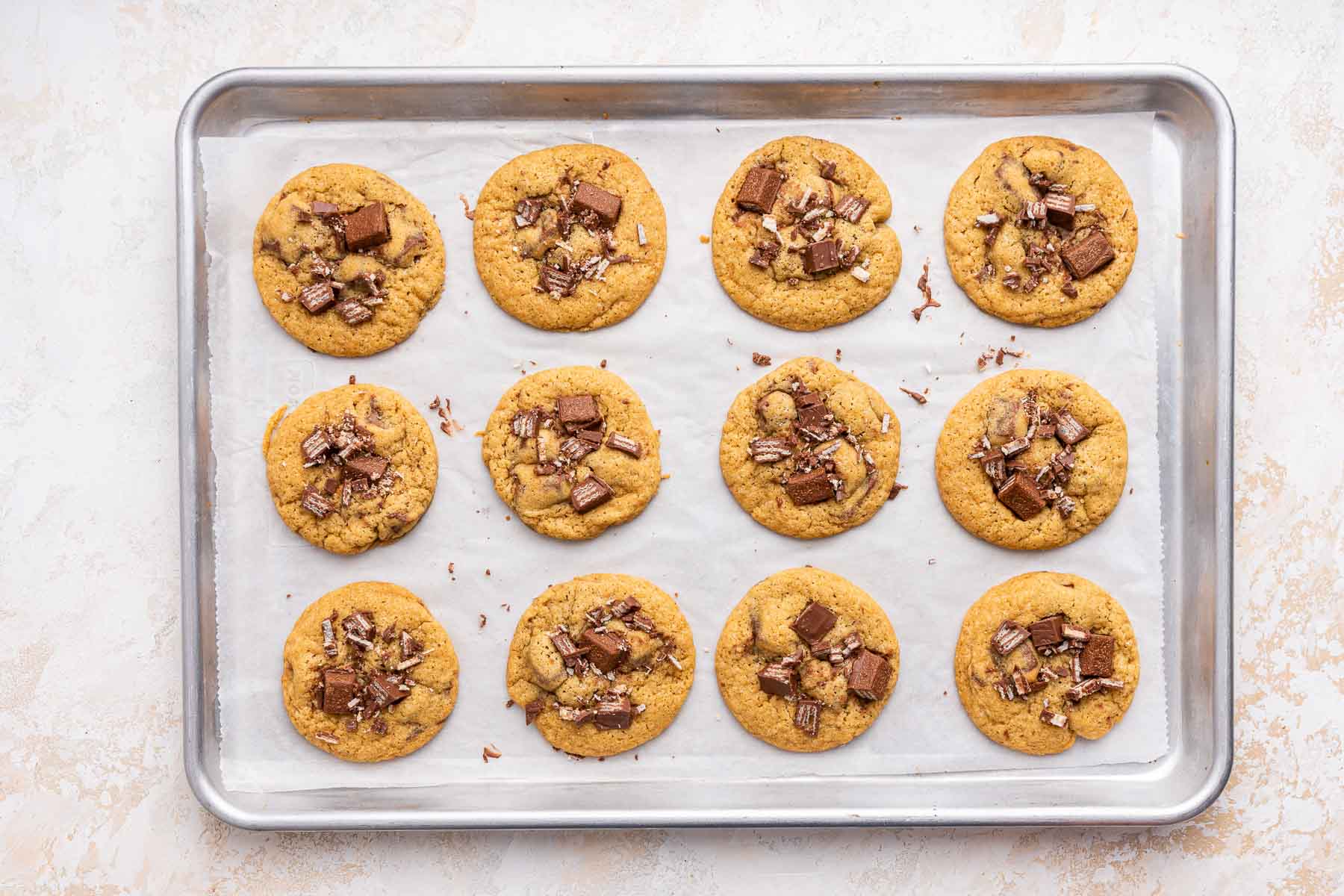 Kit Kat cookies, freshly baked on a baking sheet.